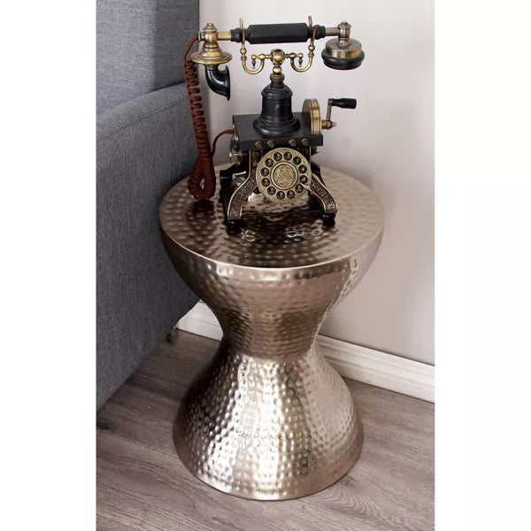 Modern Hourglass Hammered Metal Accent Table Silver