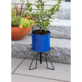 ACHLA Designs 9.25" Wide Cylinder Planter Pot Galvanized Steel with Black Wrought Iron Plant Stand French Blue