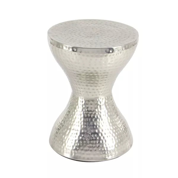 Modern Hourglass Hammered Metal Accent Table Silver