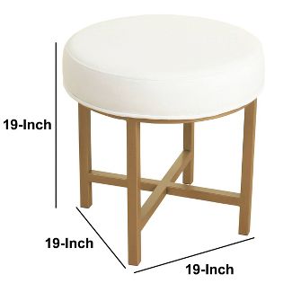 Round Shape Metal Framed Stool with Velvet Upholstered Seat White and Gold - Benzara