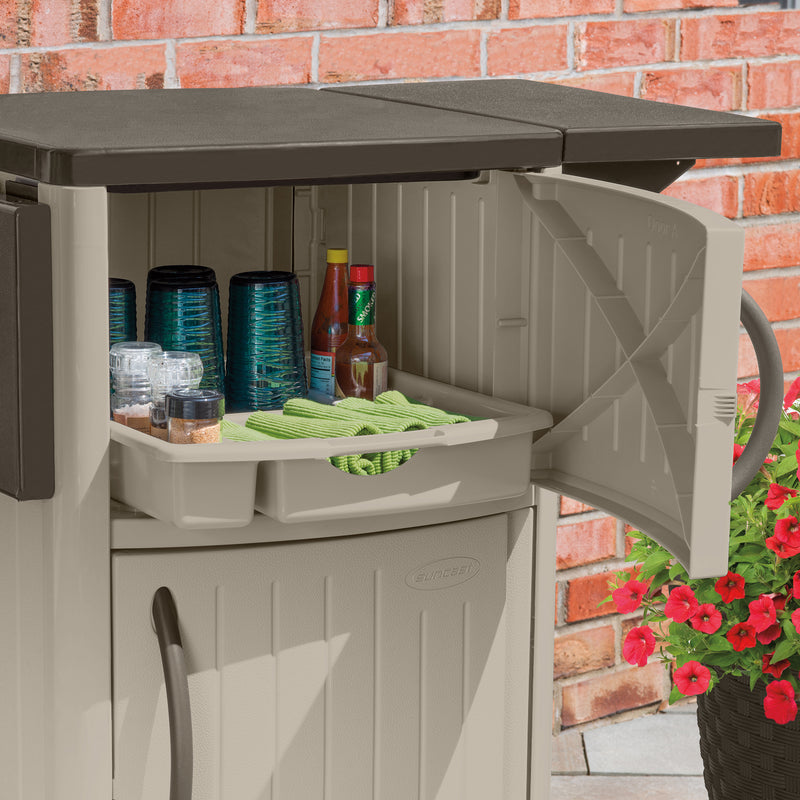 Suncast Outdoor Patio Resin Serving Station with Cabinets, Light Taupe