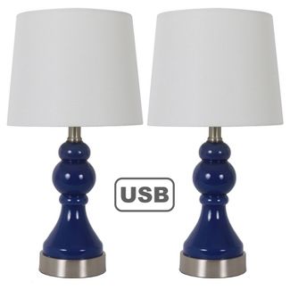 Set of 2 Draper Table Lamp with USB Ports (Includes LED Light Bulb) Blue - Decor Therapy