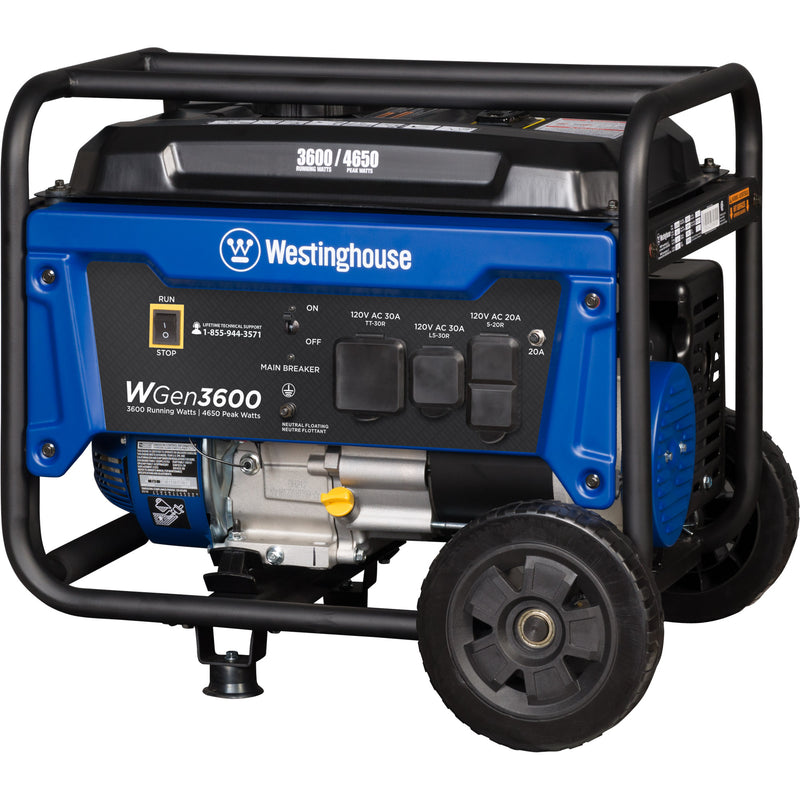 Westinghouse WGen3600 Portable Generator - 3600 Rated Watts & 4650 Peak Watts - RV Ready - Gas Powered - CARB Compliant