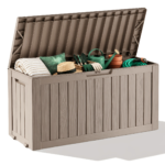 82-Gallon Wood Grain Deck Box – Lockable Outdoor Storage Chest - Light Brown