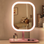 Rechargeable LED Makeup Mirror – 3-Color Lighted Desktop Vanity Mirror - The pink