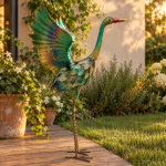 32.68inch Colorful Metal Heron Garden Statue, Spreading-Wings Crane Sculpture, Suitable for Large Outdoor Garden Decor in Courtyards, Lawns, and Backyards