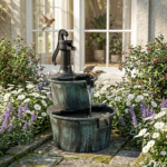 27&quote; 2-Tier Barrel Outdoor Water Fountain – 11L Garden Waterfall - Dark Green