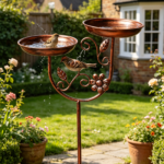 Double Bowl Metal Bird Bath – 5-Prong Base Outdoor Feeder