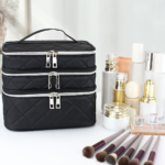 Large Black Quilted Makeup Bag – Multi-Layer Travel Cosmetic Organizer