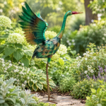 32.68inch Colorful Metal Heron Garden Statue, Spreading-Wings Crane Sculpture, Suitable for Large Outdoor Garden Decor in Courtyards, Lawns, and Backyards