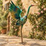 32.68inch Colorful Metal Heron Garden Statue, Spreading-Wings Crane Sculpture, Suitable for Large Outdoor Garden Decor in Courtyards, Lawns, and Backyards