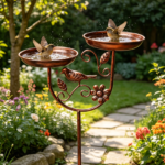 Double Bowl Metal Bird Bath – 5-Prong Base Outdoor Feeder
