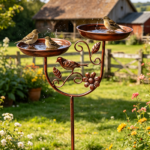 Double Bowl Metal Bird Bath – 5-Prong Base Outdoor Feeder