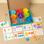 Wooden Number Counting Toy Set with Colored Beads & Cards
