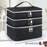 Large Black Quilted Makeup Bag – Multi-Layer Travel Cosmetic Organizer
