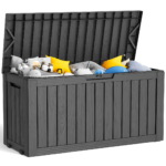 82-Gallon Wood Grain Deck Box – Lockable Outdoor Storage Chest - Black