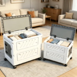 Large Foldable Plastic Storage Bin with Wheels & Gray Lid