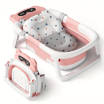 Foldable Baby Bathtub with Soft Cushion & Built-in Thermometer - pink