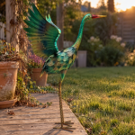 32.68inch Colorful Metal Heron Garden Statue, Spreading-Wings Crane Sculpture, Suitable for Large Outdoor Garden Decor in Courtyards, Lawns, and Backyards