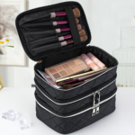 Large Black Quilted Makeup Bag – Multi-Layer Travel Cosmetic Organizer