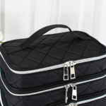 Large Black Quilted Makeup Bag – Multi-Layer Travel Cosmetic Organizer