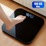 Digital Bathroom Scale with LED & Temp Display – Wide Glass Platform - Black [260*260mm]