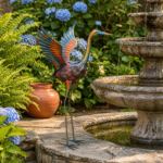 Colorful Metal Crane Garden Statue – Outdoor Egret Yard Sculpture