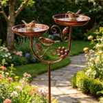 Double Bowl Metal Bird Bath – 5-Prong Base Outdoor Feeder