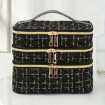 Large Black Quilted Makeup Bag – Multi-Layer Travel Cosmetic Organizer - Little Fragrance Black Three Layers
