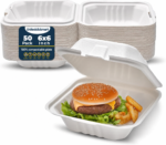 100% Biodegradable 6x6 Burger Boxes 50 Pack | Eco Dinnerware Clamshell Burger Containers