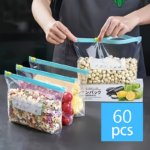 60-Pack Food Storage Zipper Bags 3 Sizes – Reusable Fresh-Sealed Bags