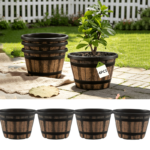 4-Pack Large Whiskey Barrel Planters – Vintage Brown Pots