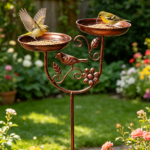 Double Bowl Metal Bird Bath – 5-Prong Base Outdoor Feeder