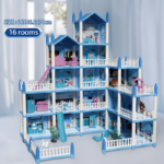 4-Story Dollhouse Playset with 4 Dolls & Furniture for Kids - Blue