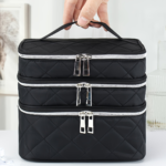 Large Black Quilted Makeup Bag – Multi-Layer Travel Cosmetic Organizer