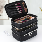 Large Black Quilted Makeup Bag – Multi-Layer Travel Cosmetic Organizer