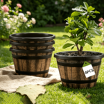 4-Pack Large Whiskey Barrel Planters – Vintage Brown Pots