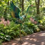32.68inch Colorful Metal Heron Garden Statue, Spreading-Wings Crane Sculpture, Suitable for Large Outdoor Garden Decor in Courtyards, Lawns, and Backyards