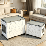 Large Foldable Plastic Storage Bin with Wheels & Gray Lid