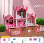 4-Story Dollhouse Playset with 4 Dolls & Furniture for Kids - pink