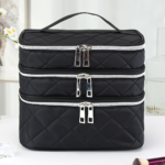 Large Black Quilted Makeup Bag – Multi-Layer Travel Cosmetic Organizer - Black Embroidered Grid Three Layers