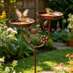 Double Bowl Metal Bird Bath – 5-Prong Base Outdoor Feeder